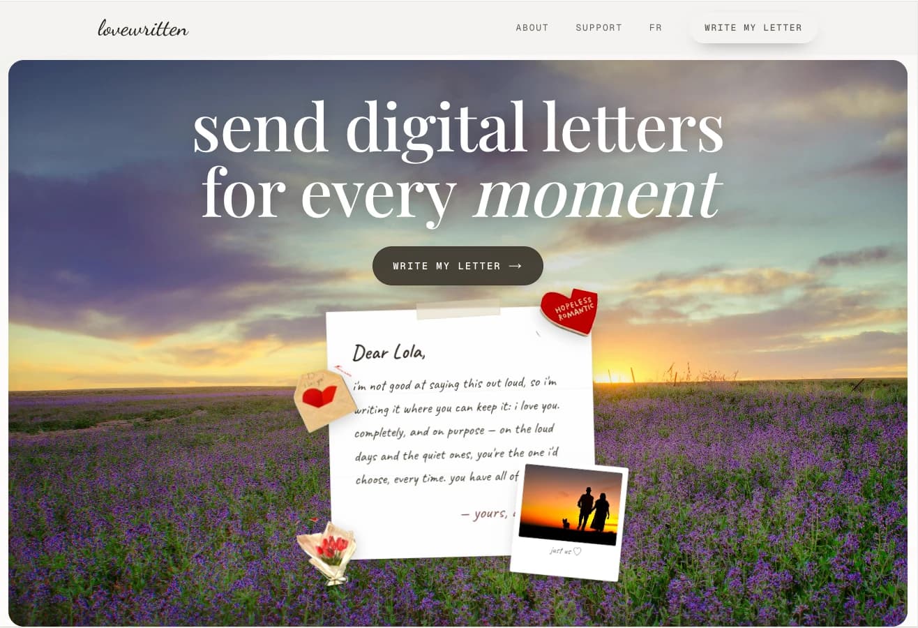 LoveWritten homepage: send digital letters for every moment